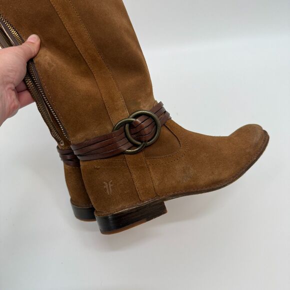 Frye Shirley Multi Strap Tall Harness Boot Brown Suede Leather Western Size 5.5 - Picture 11 of 16